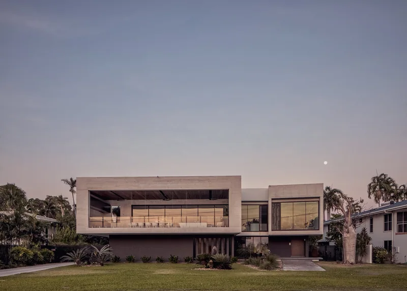 Modern residence photographed at night, Key Biscayne